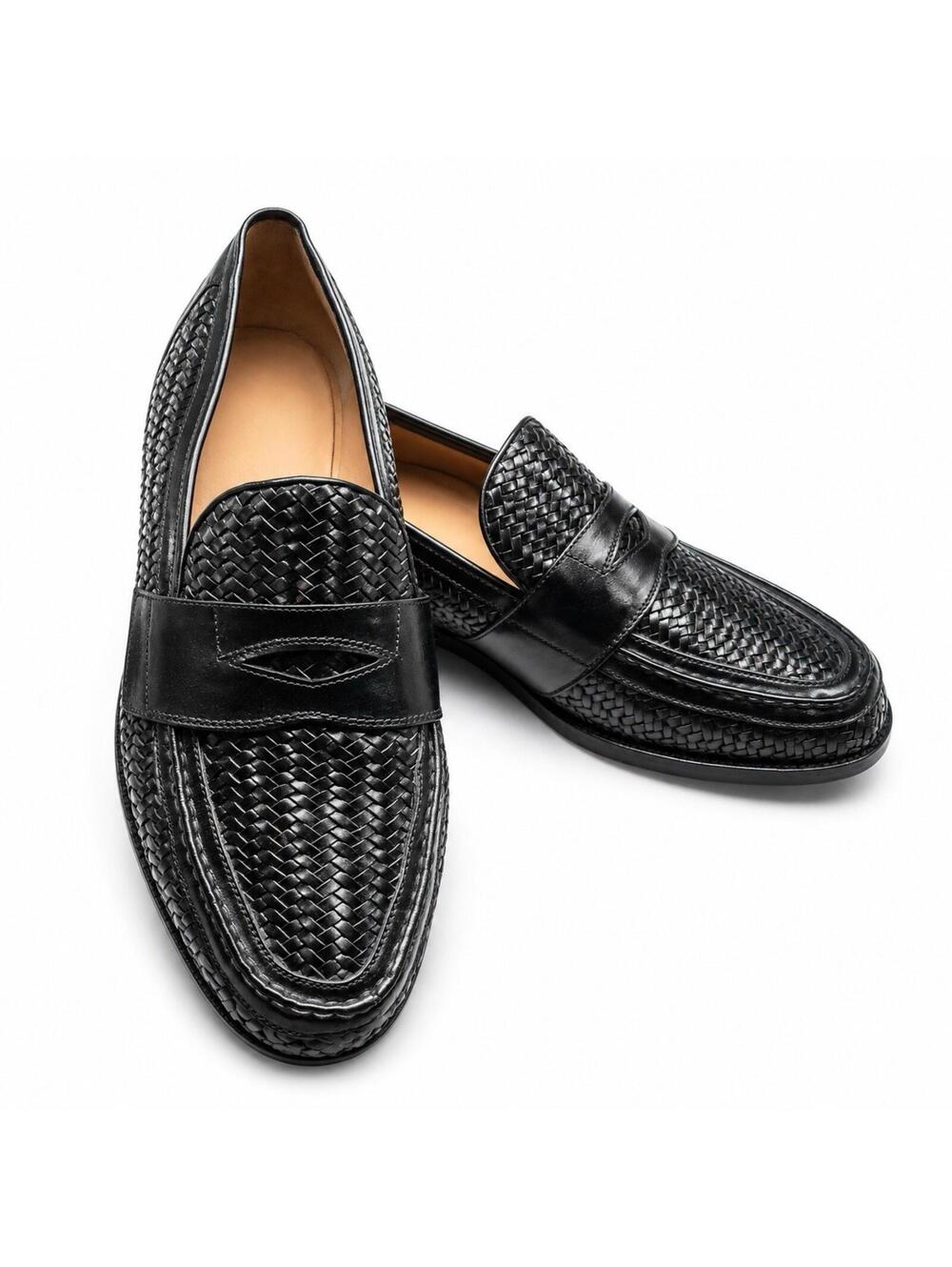 Diplomats Men's Black Woven Leather Penny Loafers Sz 10.5 EE Wide Slip On Shoes